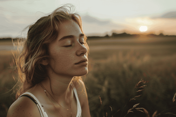 A woman with closed eyes with a sunrise in the background.