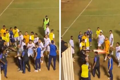 Brazilian goalkeeper shot by police officer's rubber bullet during wild post-match altercation