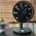 The fan in tabletop mode on a table, next to a plant