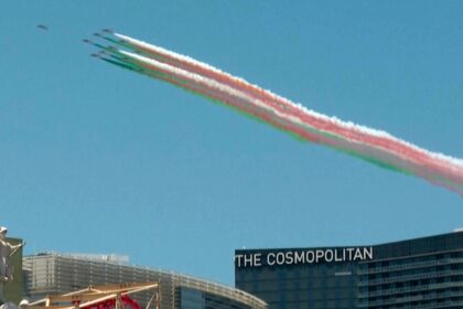 The Italian Air Force Precision Team flies over the Vegas Strip on its way to the Fourth of July in the Los Angeles area