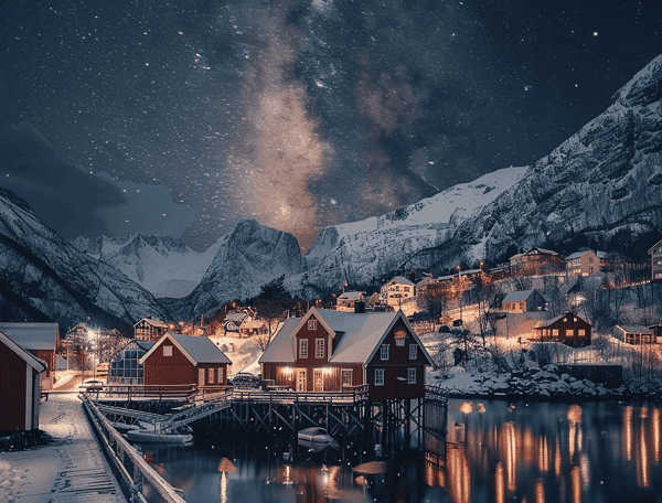 Night in a wintery landscape with red houses in the background.