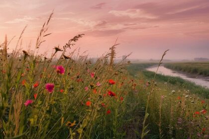 A photo of a morning in nature with red flowers in the foreground.