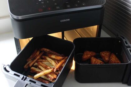 Fries and hash browns in the air fryer baskets