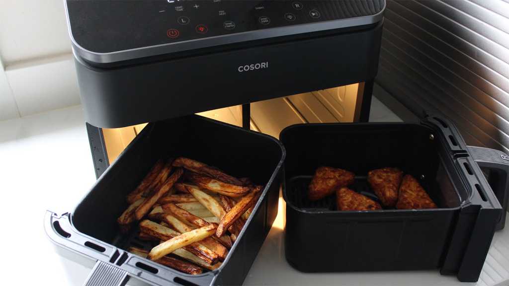 Fries and hash browns in the air fryer baskets