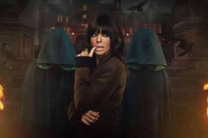 Claudia Winkleman and two Traitors in cloaks