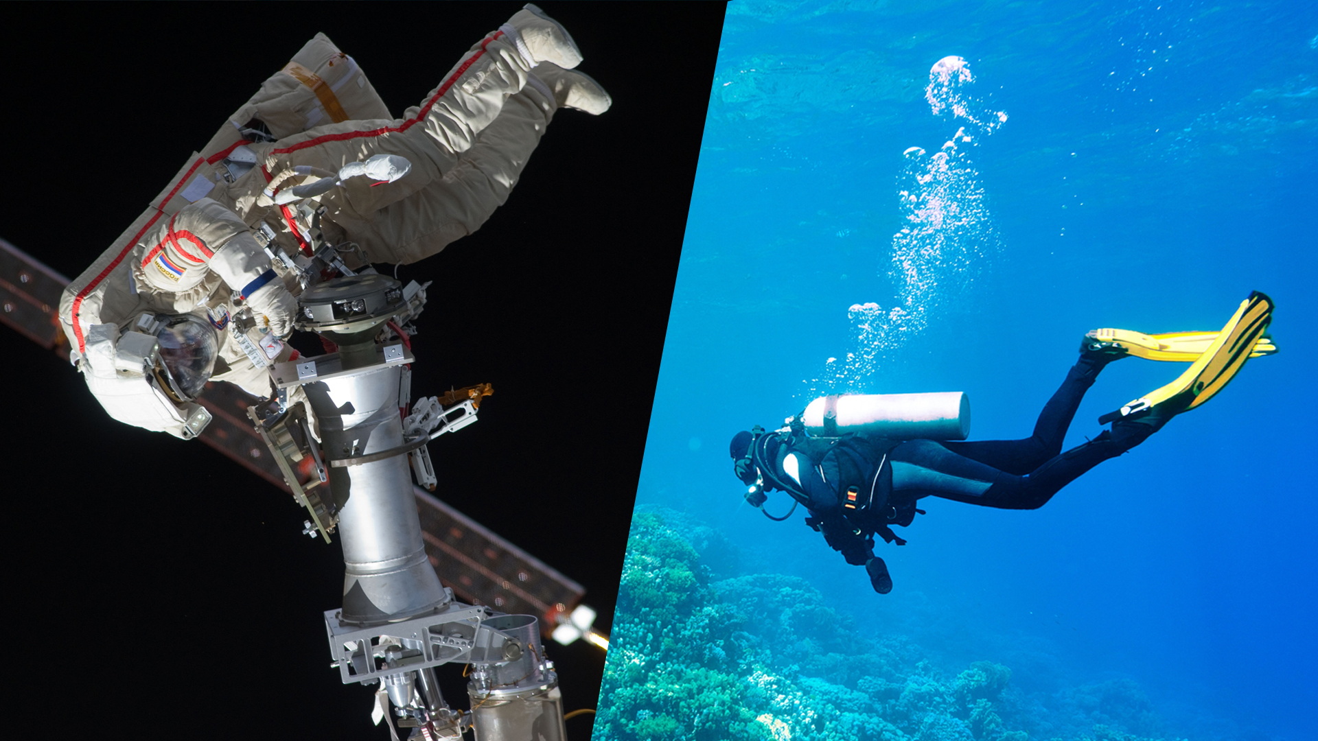 two images: an astronaut on a spacewalk and a scuba diver