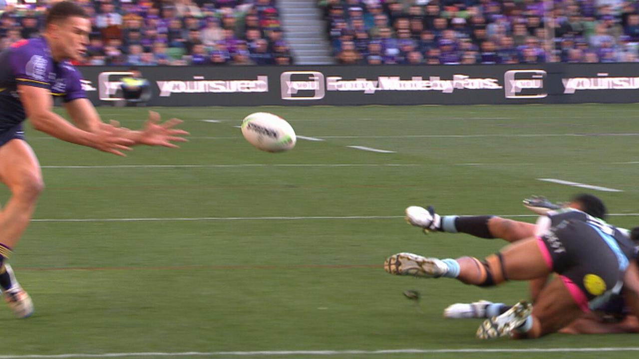 Nick Meaney forward pass, Will Warbrick try, Melbourne Storm vs Cronulla Sharks, video